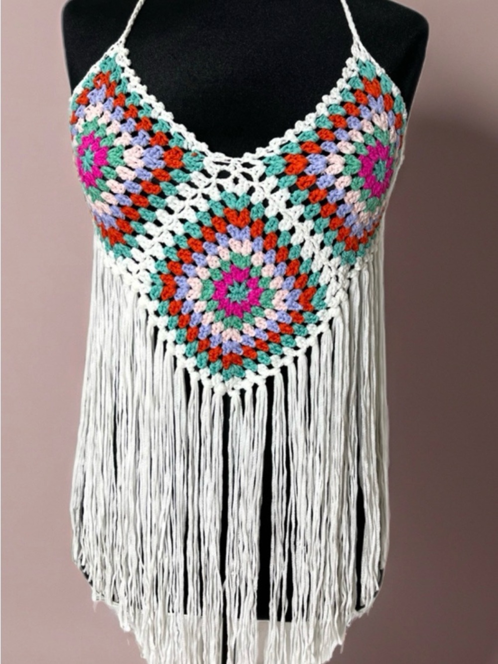 Crochet Fringe Halter Top - White with Multicolor Accents Bohemian Style